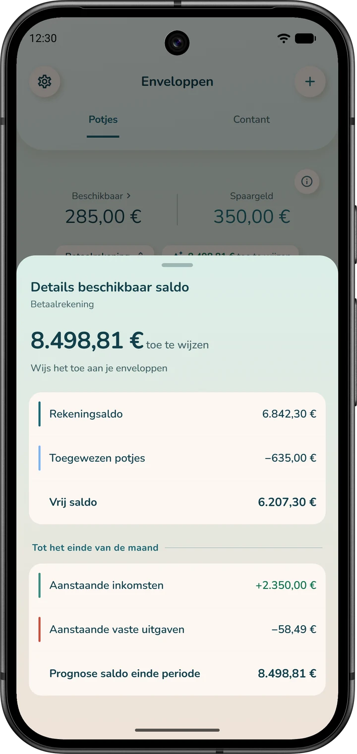 Het venster ‘Details beschikbaar saldo’, geopend vanuit het tabblad ‘Enveloppen’: van het rekeningsaldo tot het geld dat nog toe te wijzen is.