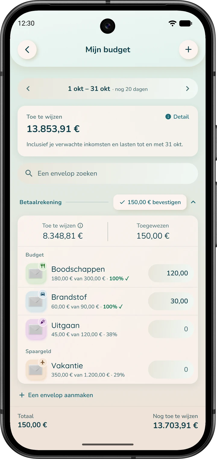 ‘Mijn budget’: de periode bovenaan, het bedrag dat toe te wijzen is en een ingevuld bedrag naast elke envelop.