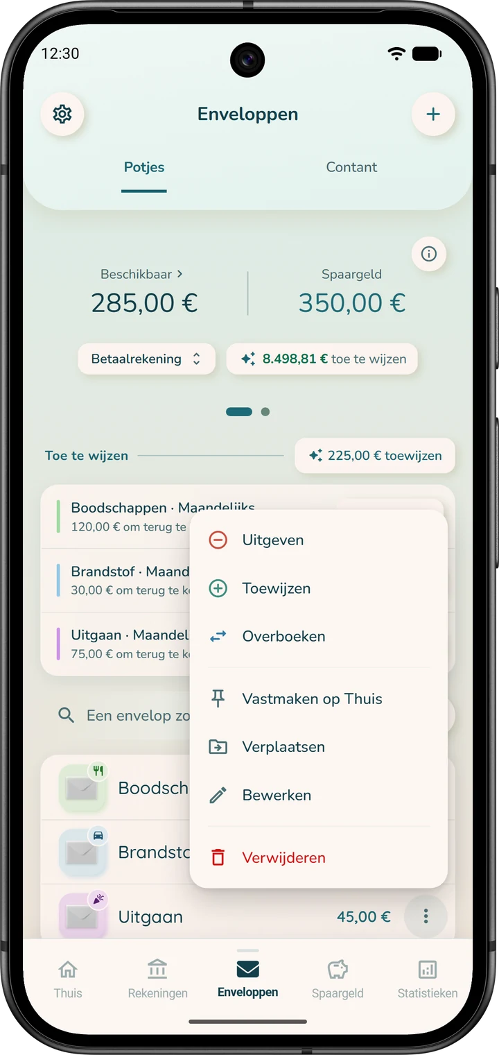 Het menu van een envelop, met ‘Verwijderen’ op de laatste regel.