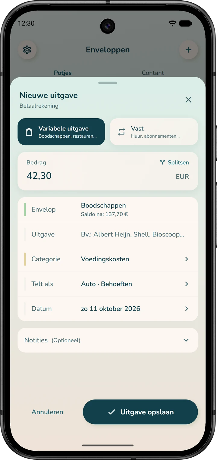 Nieuwe uitgave, geopend vanuit de envelop ‘Boodschappen’: de envelop is al gekozen en het saldo na de uitgave staat erbij.