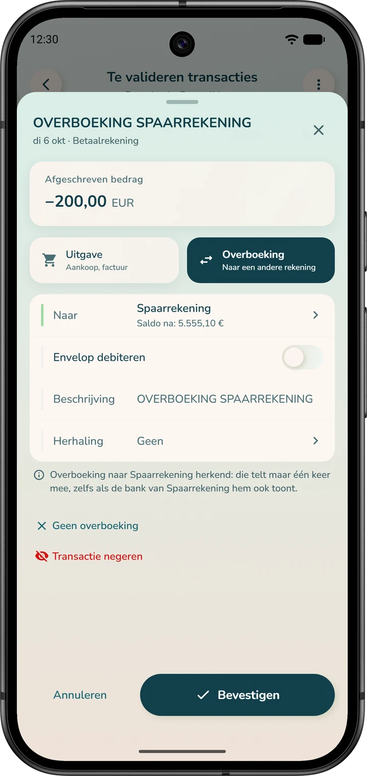 Details van een banktransactie die als overboeking wordt geboekt: de bestemmingsrekening en het saldo ervan na de overboeking.