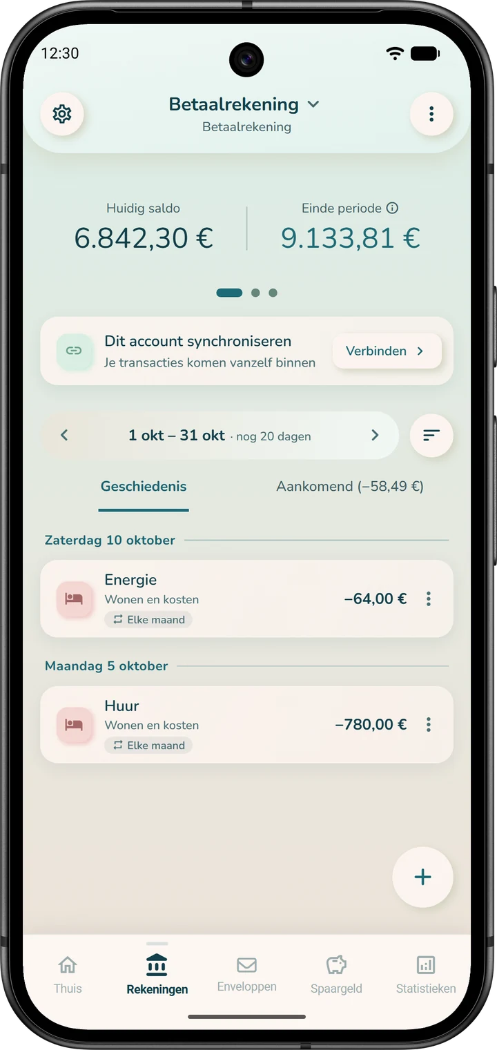 Bovenkant van de pagina van een rekening: het huidige saldo en daarnaast het einde van de periode, met de prognose van het banksaldo.
