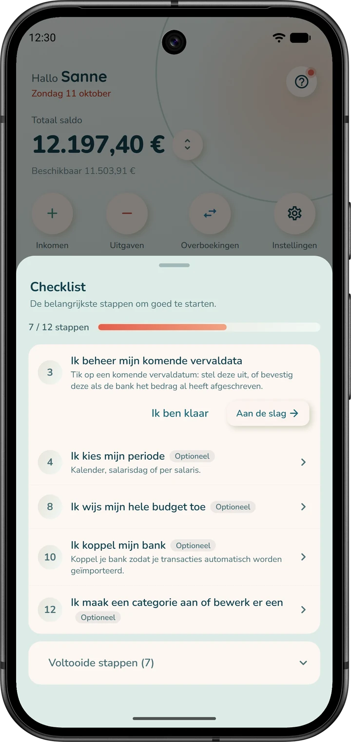 Het venster ‘Checklist’, geopend vanaf het startscherm: de voortgang en de resterende stappen; de uitgeklapte stap biedt ‘Aan de slag’ en ‘Ik ben klaar’.