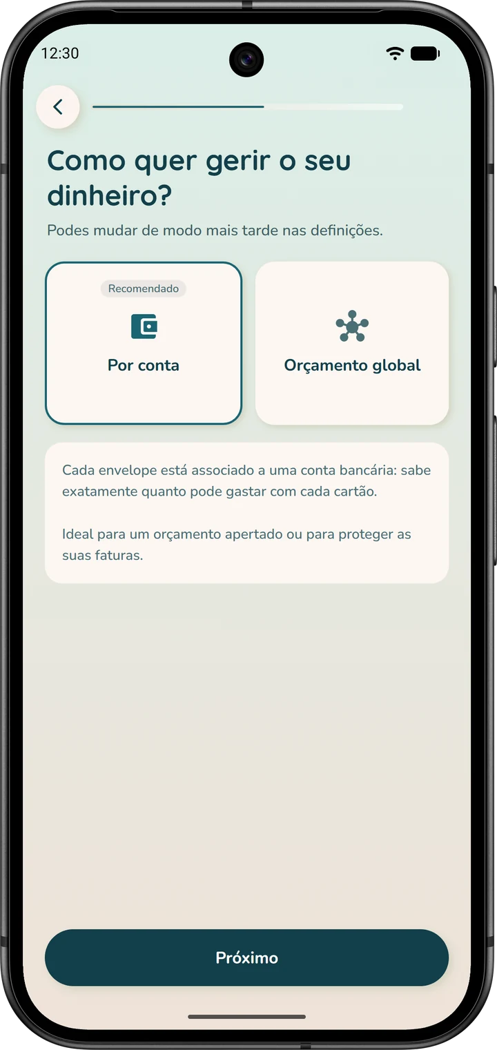 Escolha do modo de orçamento no assistente: «Por conta», recomendado, e «Orçamento global».