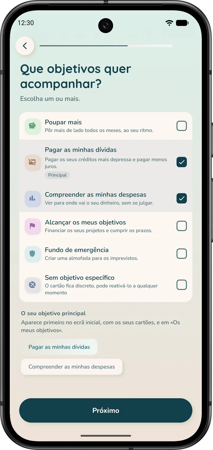 Página do assistente onde se escolhem um ou vários objetivos a acompanhar, como «Pagar as minhas dívidas».