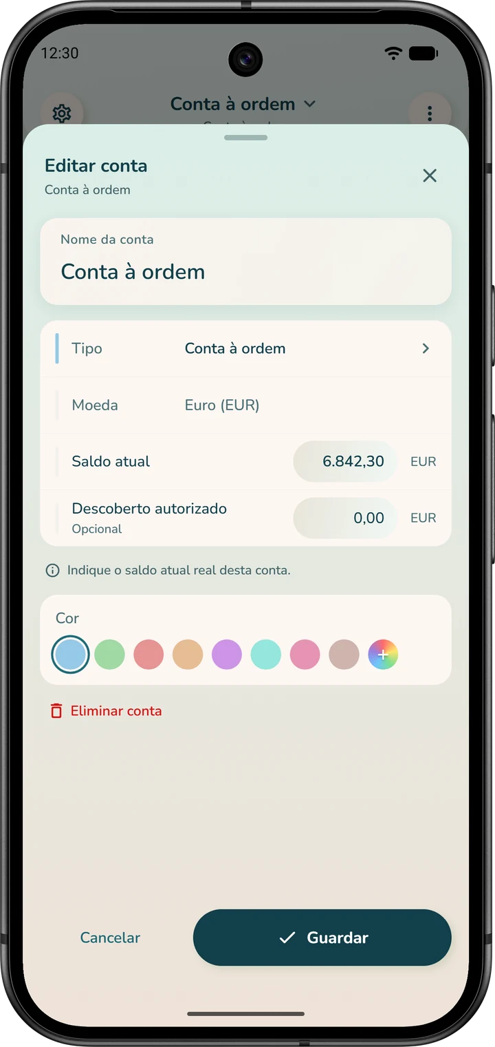 Janela «Editar conta»: o campo «Saldo atual», para igualar o saldo ao do banco, e o botão «Guardar».