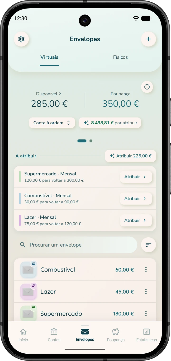 Separador «Envelopes» no modo «Por conta»: o botão da conta à ordem, o dinheiro que falta atribuir e os envelopes dessa conta.