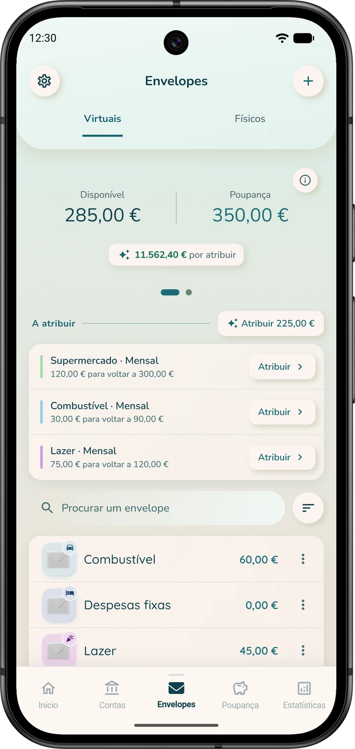 Separador «Envelopes» no modo «Orçamento global»: todos os envelopes juntos, com o dinheiro que falta atribuir.