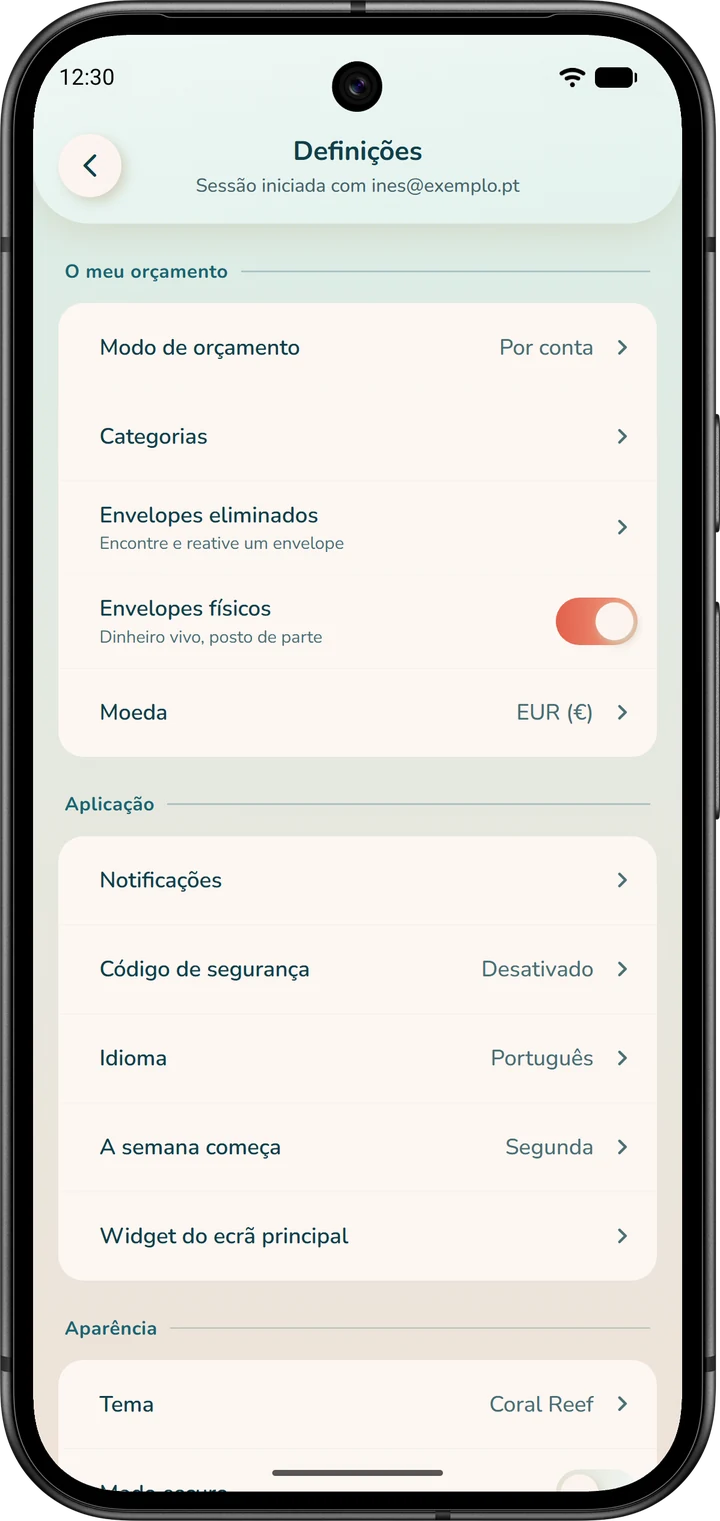 Definições, secção «O meu orçamento»: a linha «Modo de orçamento», que indica «Por conta», e o interruptor «Envelopes físicos».