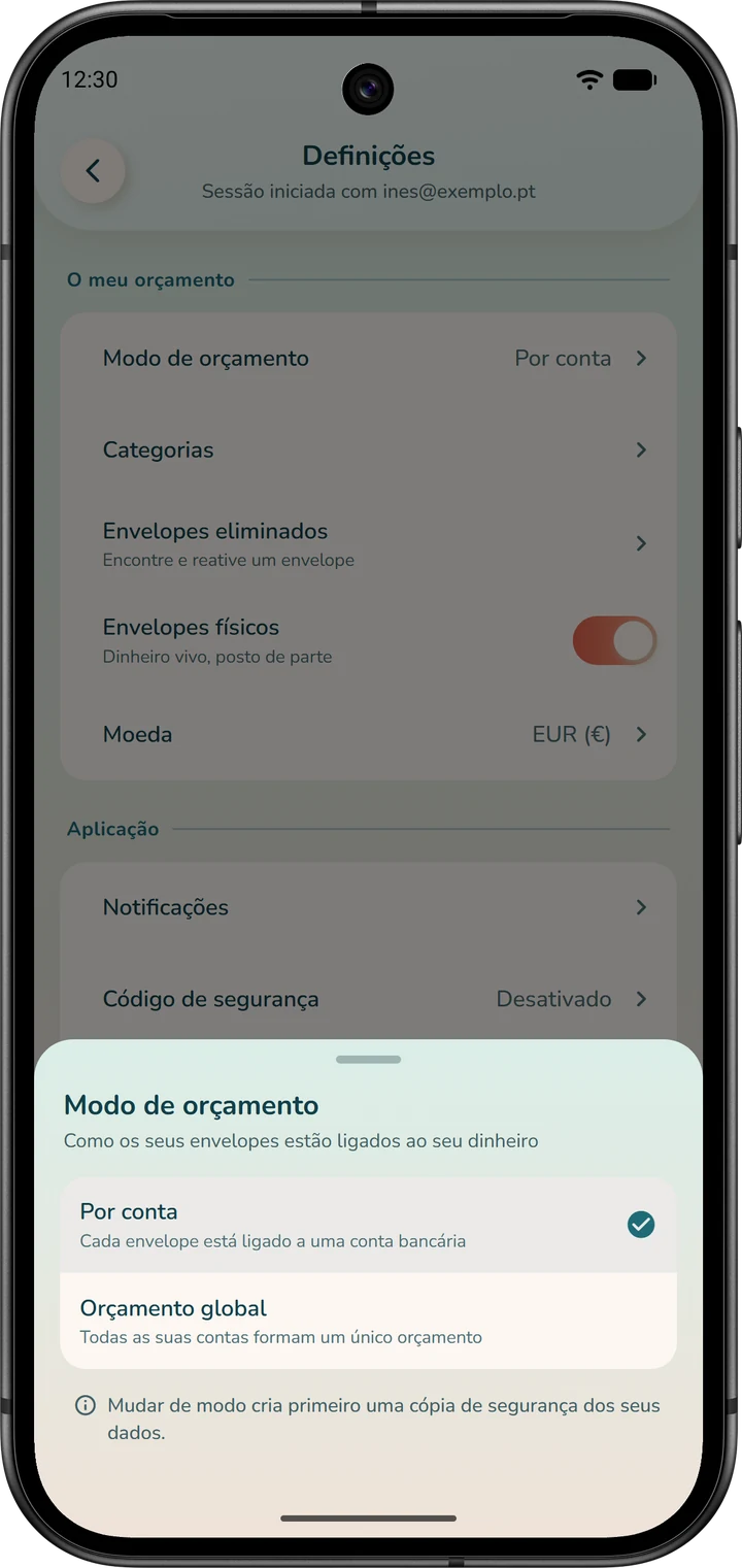 Janela de escolha do modo de orçamento: «Por conta» ou «Orçamento global», com a cópia de segurança feita antes de qualquer mudança.