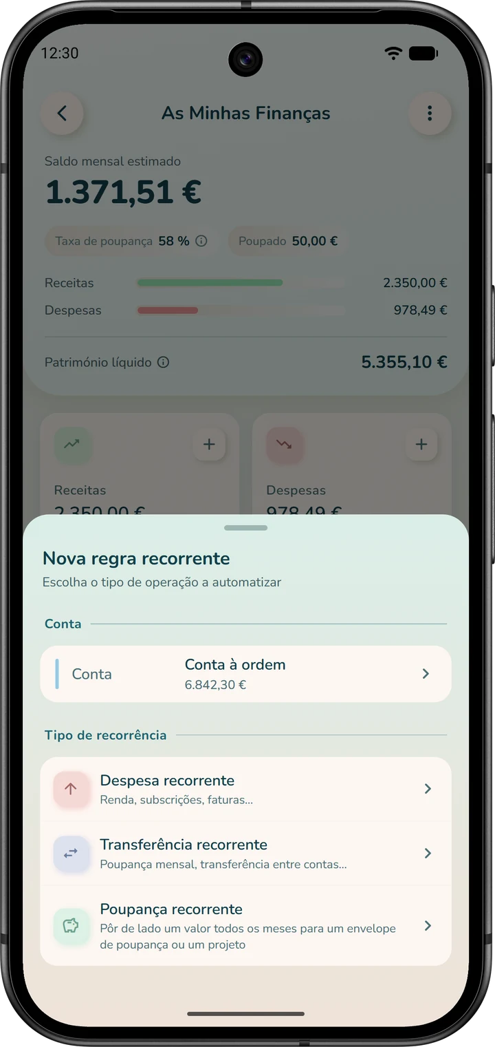 Janela «Nova regra recorrente»: escolha da conta e, depois, do tipo de regra, como «Despesa recorrente».