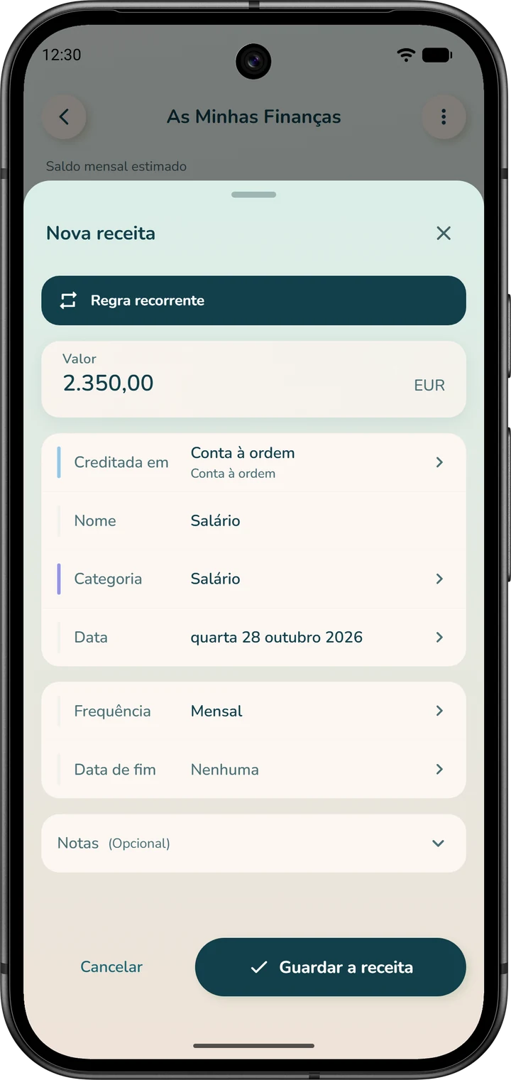 Formulário de um rendimento recorrente: valor, conta creditada, nome, categoria, data do próximo salário e a frequência «Mensal».