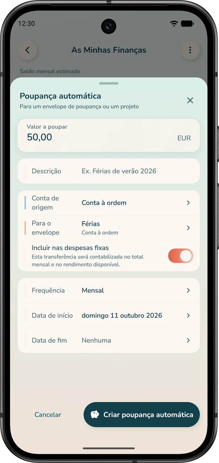 Janela «Poupança automática»: conta de origem, valor a poupar, envelope de destino e frequência.