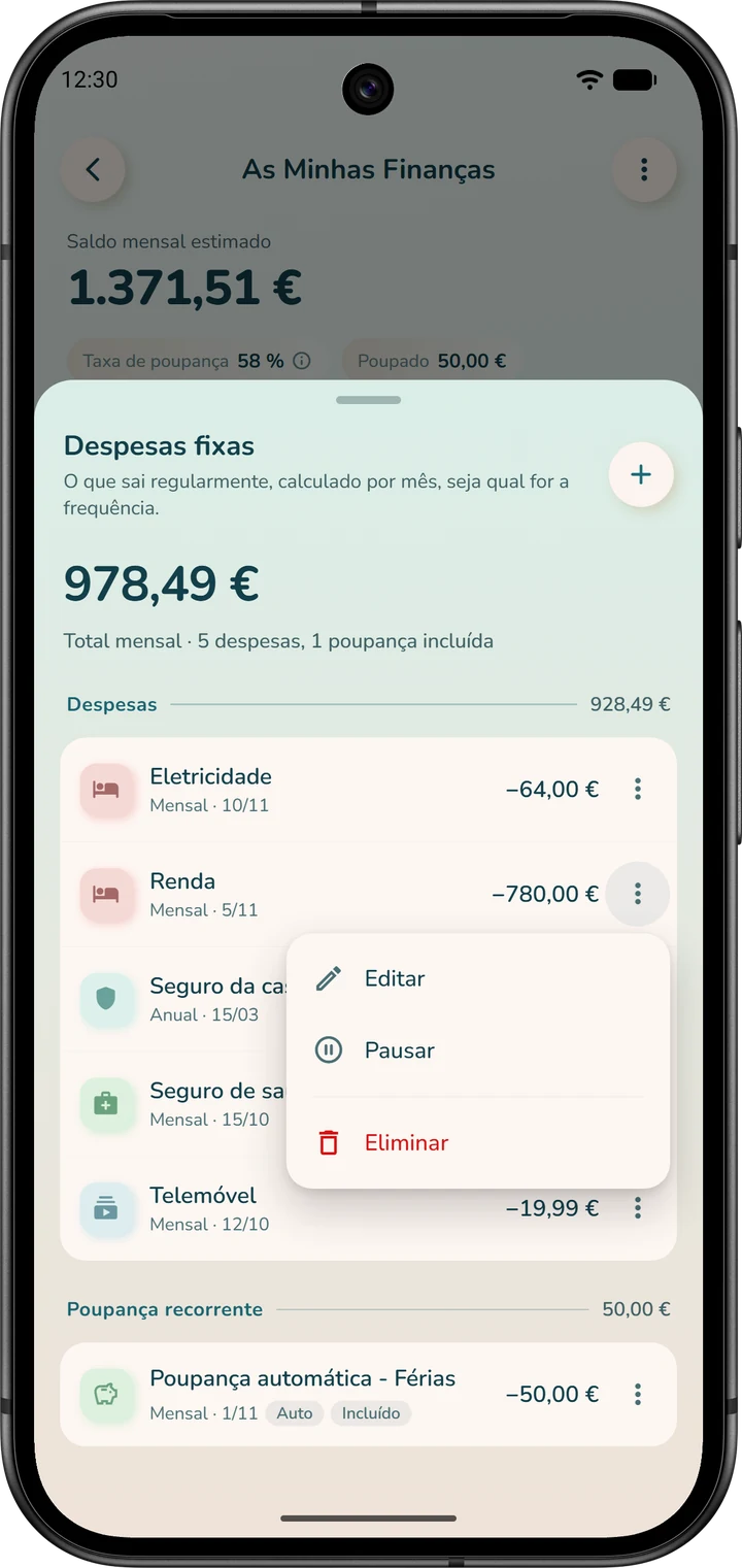 Lista «Despesas fixas»: o menu ⋮ de uma regra propõe «Editar», «Pausar» e «Eliminar».