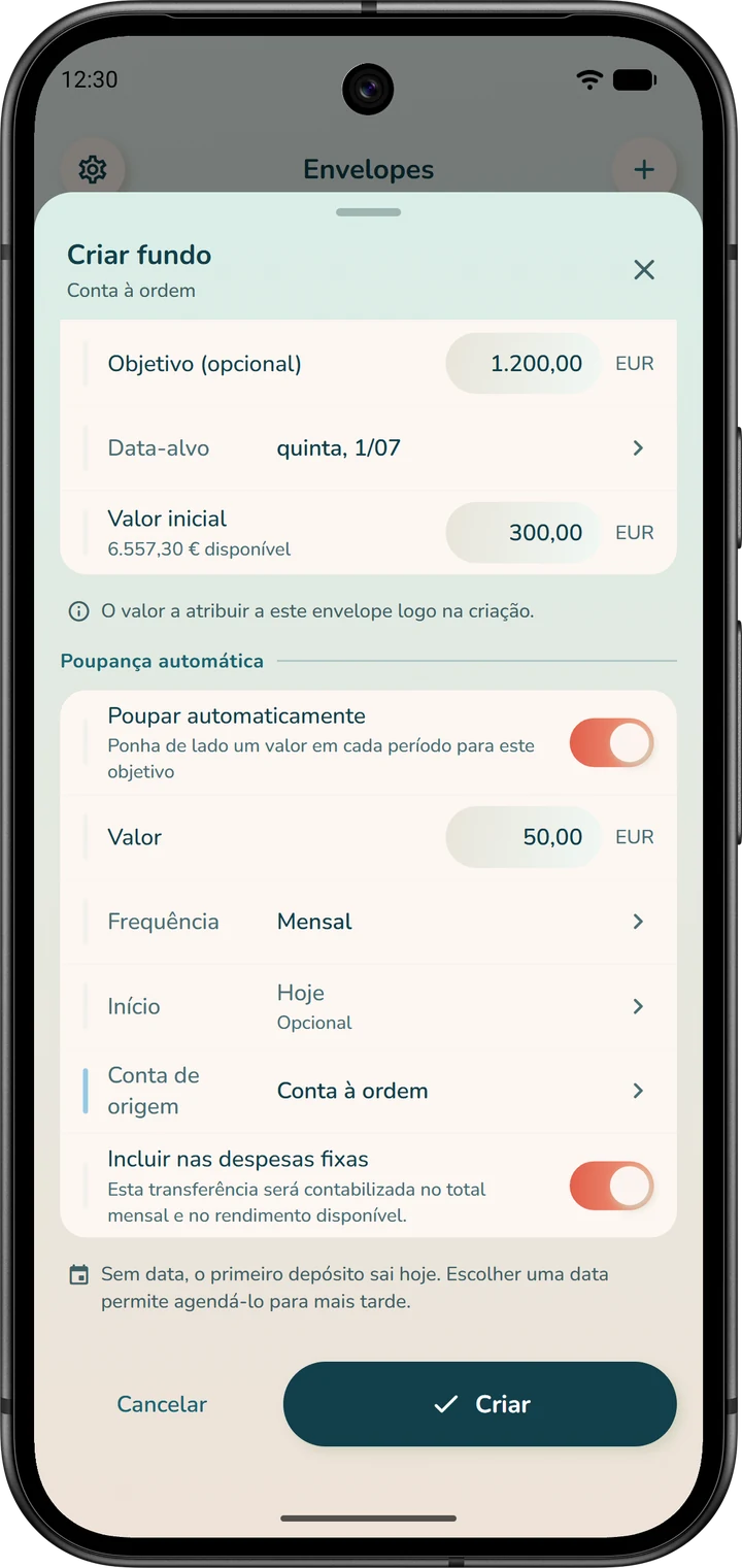 Formulário de criação de um envelope: o valor inicial, um depósito único, e depois a poupança automática, um depósito que se repete.