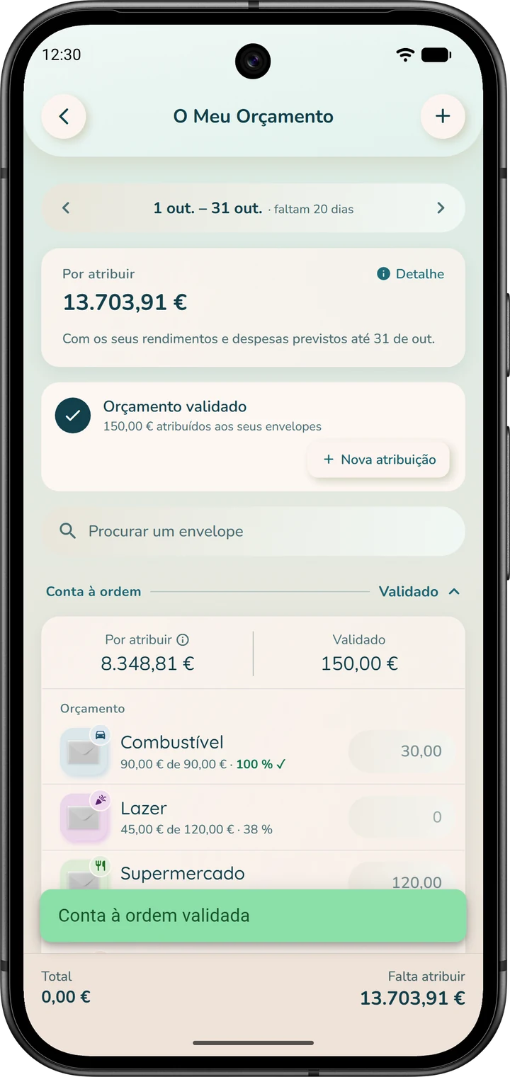 «O Meu Orçamento» logo após a validação de uma conta: a conta mostra «Validado» e aparece o cartão «Orçamento validado».