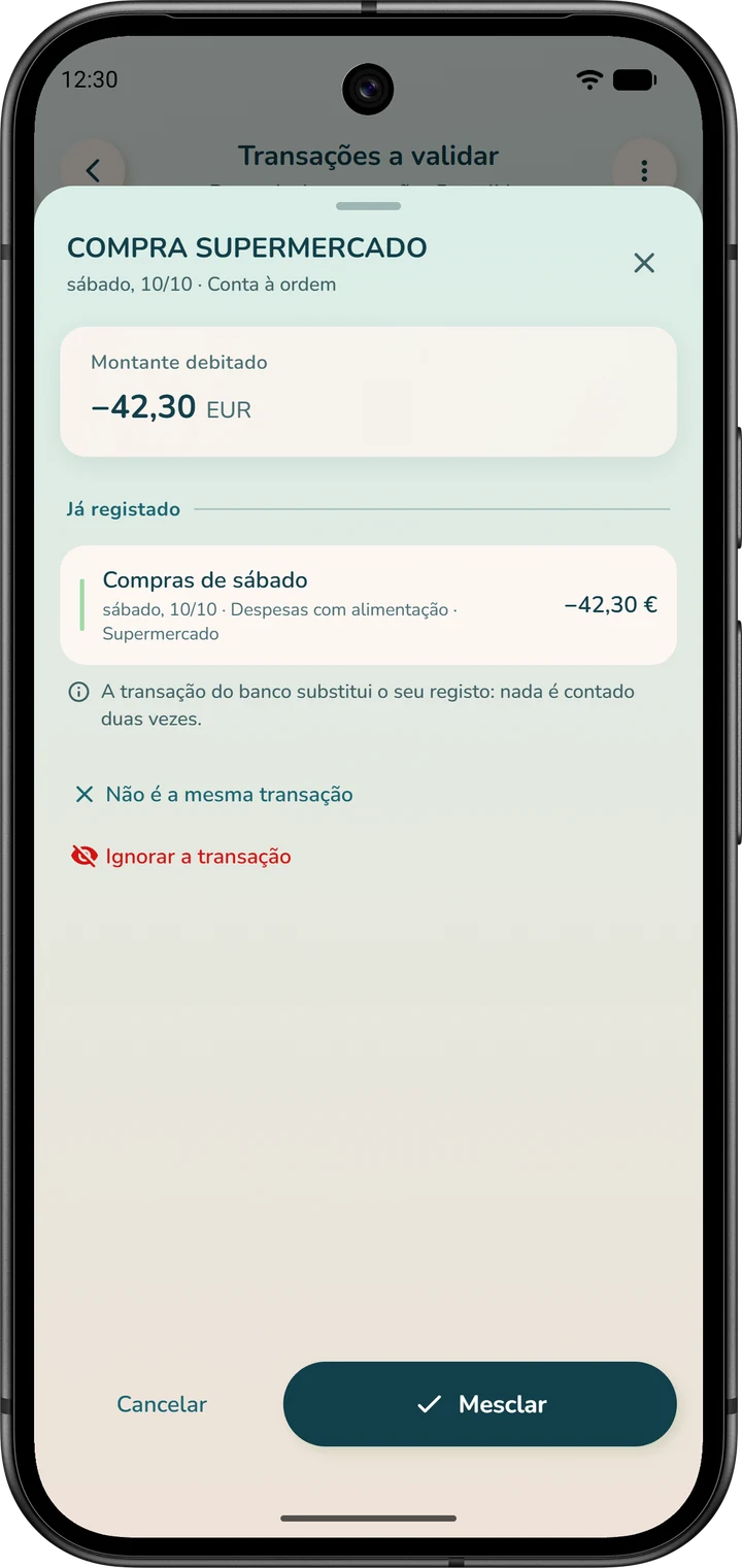 Uma transação bancária que corresponde a um registo já introduzido à mão: a aplicação propõe uni-la a esse registo.