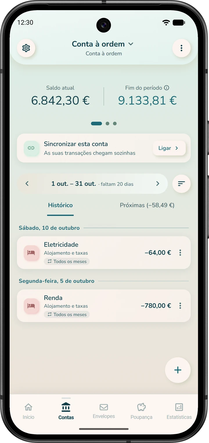 Topo da página de uma conta: o saldo atual e, ao lado, o fim do período, que projeta o saldo bancário.