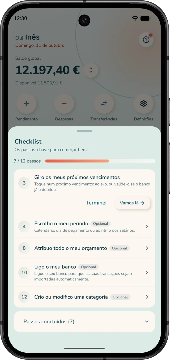 A janela «Checklist», aberta a partir do ecrã inicial: o progresso e os passos restantes; o passo aberto propõe «Vamos lá» e «Terminei».