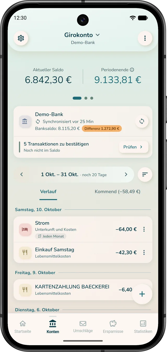 Ein mit der Bank synchronisiertes Girokonto in iBudgetAll: aktueller Saldo, Periodenende und zu prüfende Buchungen