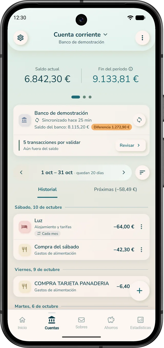 Una cuenta corriente sincronizada con el banco en iBudgetAll: saldo actual, fin de periodo y transacciones por validar