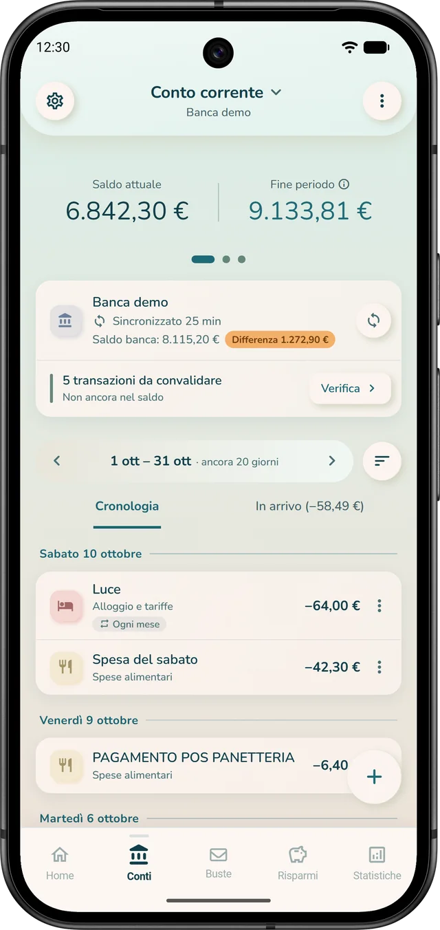 Un conto corrente sincronizzato con la banca in iBudgetAll: saldo attuale, fine periodo e transazioni da convalidare