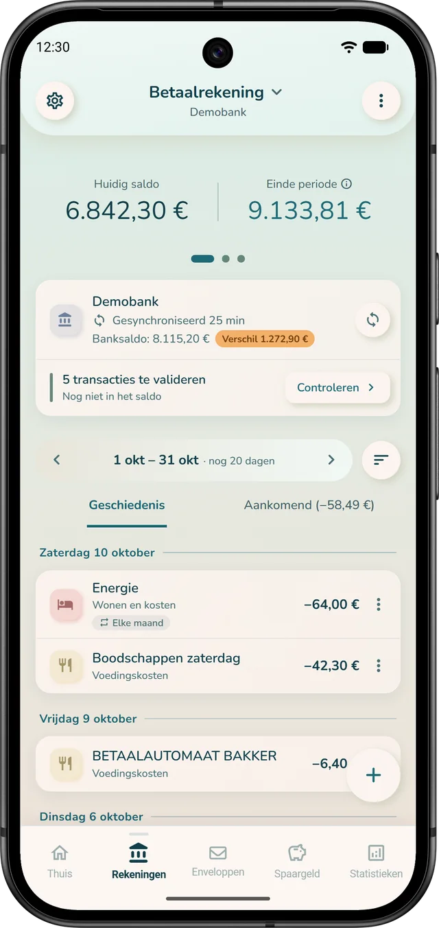 Een met de bank gesynchroniseerde betaalrekening in iBudgetAll: huidig saldo, einde van de periode en te bevestigen transacties