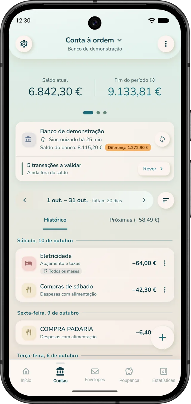 Uma conta à ordem sincronizada com o banco no iBudgetAll: saldo atual, fim do período e transações por validar