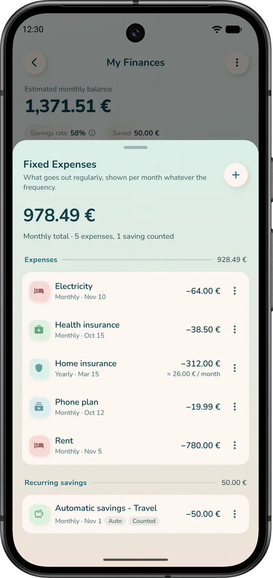 Fixed expenses in iBudgetAll: rent, insurance and subscriptions, shown per month