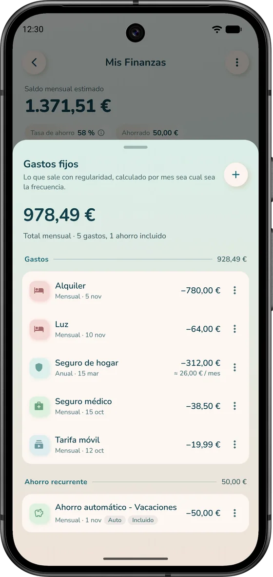 Gastos fijos en iBudgetAll: alquiler, seguros y suscripciones, calculados por mes