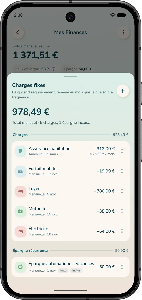 Charges fixes dans iBudgetAll : loyer, assurances et abonnements ramenés au mois