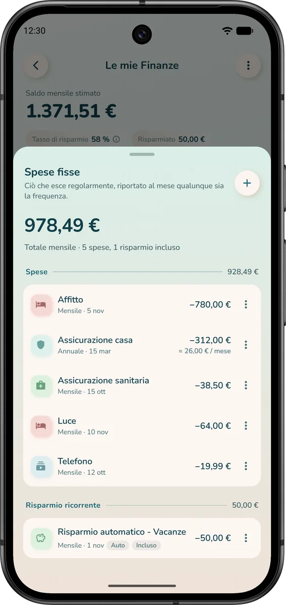 Spese fisse in iBudgetAll: affitto, assicurazioni e abbonamenti, riportati al mese