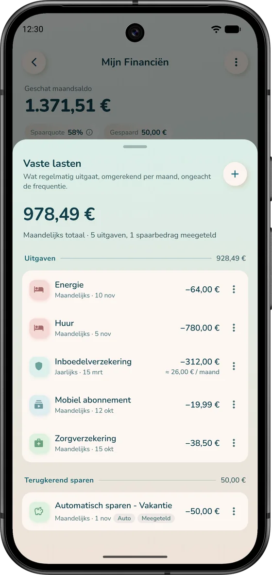 Vaste uitgaven in iBudgetAll: huur, verzekeringen en abonnementen, omgerekend per maand