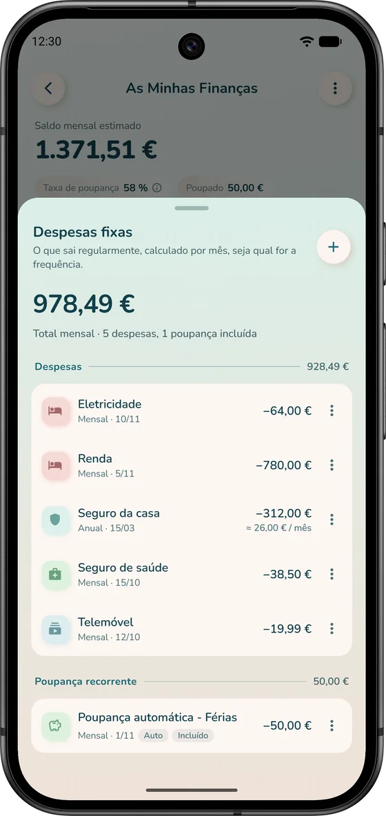 Despesas fixas no iBudgetAll: renda, seguros e subscrições, convertidos ao mês