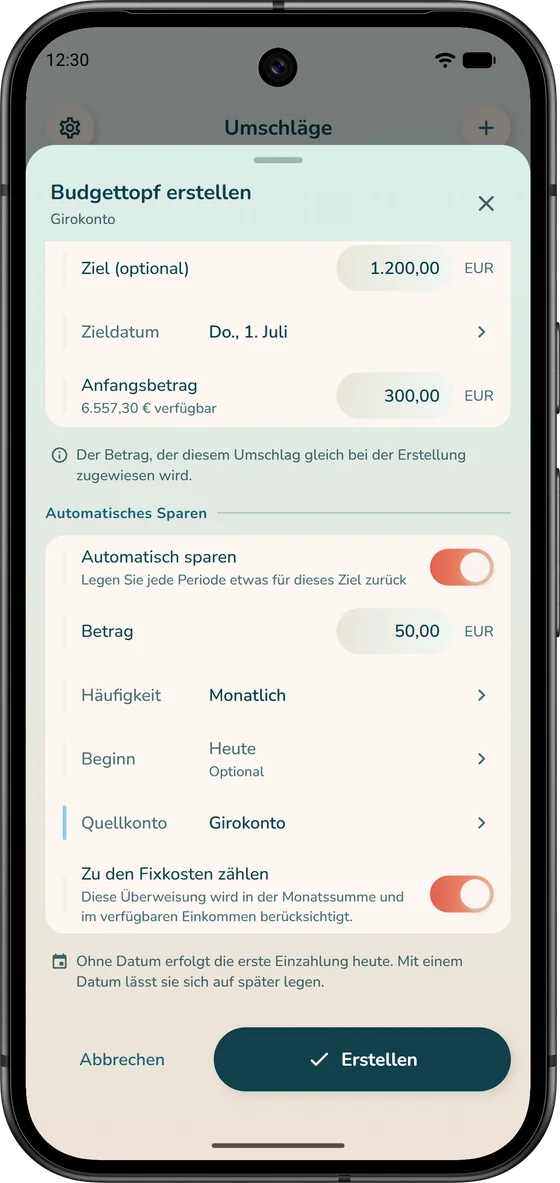 Einen Umschlag in iBudgetAll anlegen, mit Ziel und automatischem Sparen