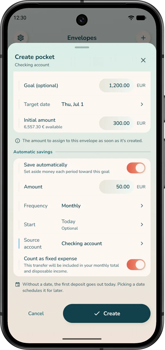 Creating an envelope in iBudgetAll, with a goal and automatic savings