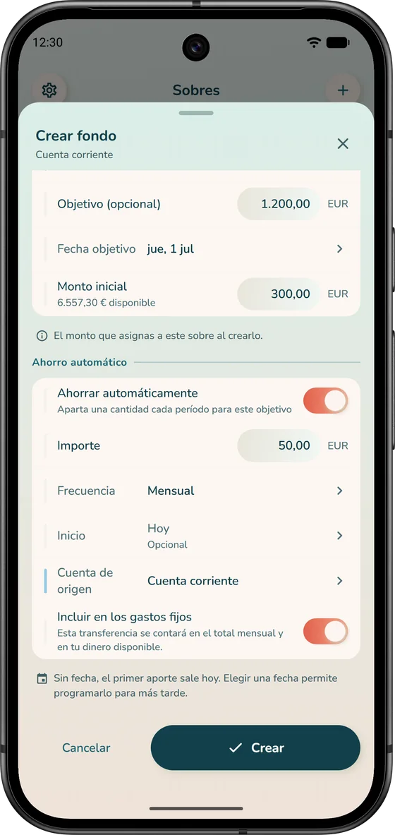 Crear un sobre en iBudgetAll, con un objetivo y ahorro automático