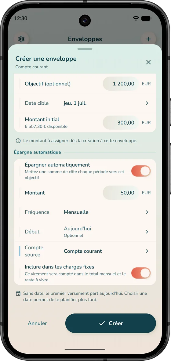 Créer une enveloppe dans iBudgetAll, avec un objectif et une épargne automatique