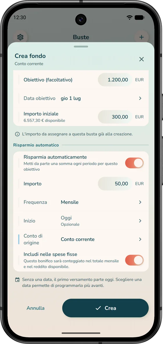 Creare una busta in iBudgetAll, con un obiettivo e il risparmio automatico