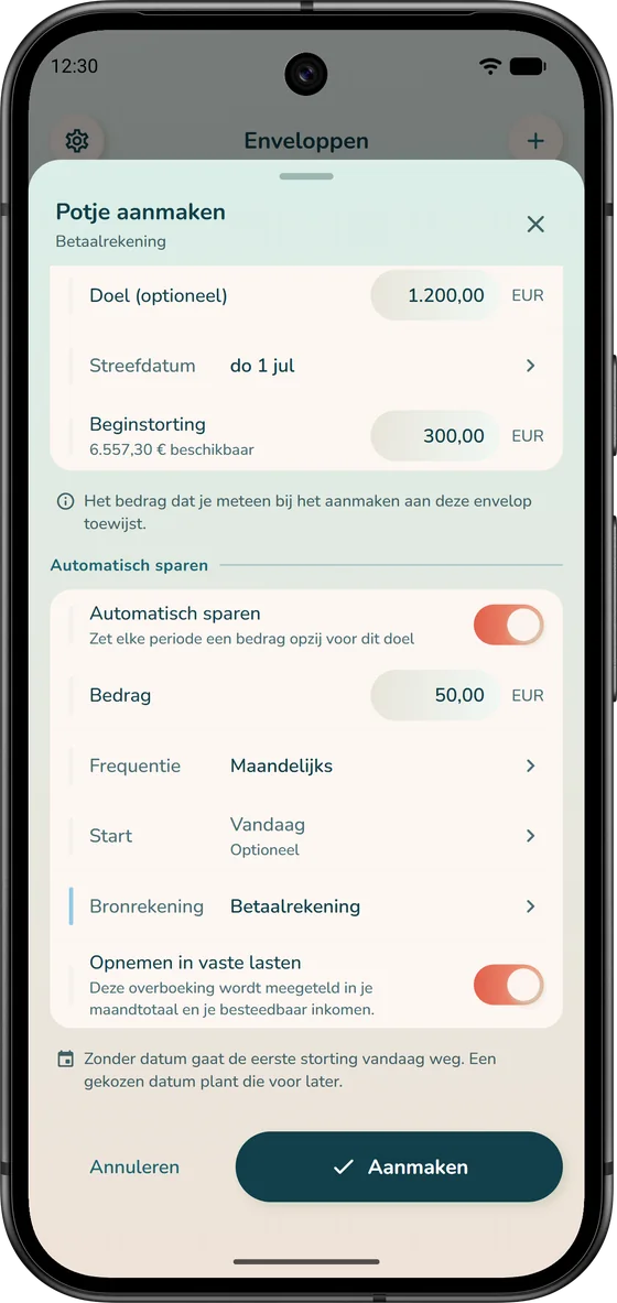 Een envelop aanmaken in iBudgetAll, met een doel en automatisch sparen