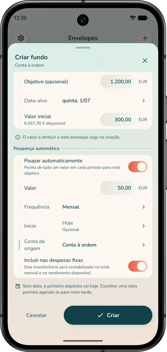 Criar um envelope no iBudgetAll, com um objetivo e poupança automática